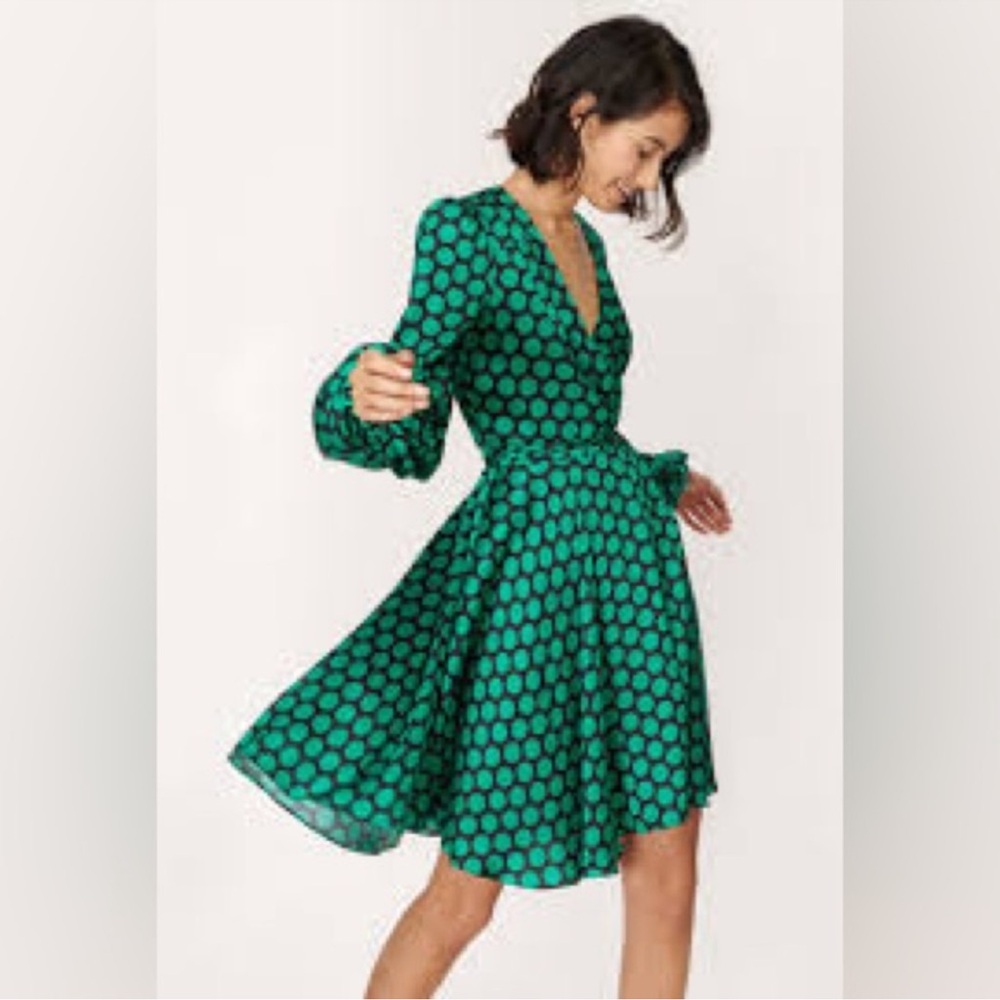 Milly Milky Siena Wrap Dress, Black Green Polka Dot size M